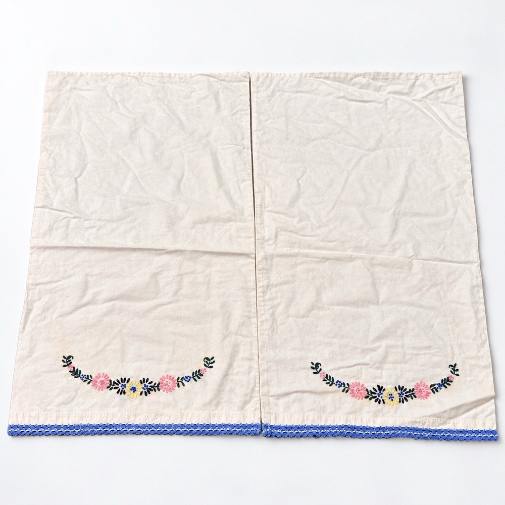 Vintage Embroidered Pillowcases Set of 2 Floral Blue Crochet Trim 32x16.5 Granny
